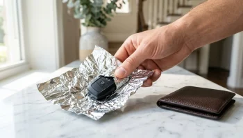 Chave de carro inteligente e carteira de pele envolvidas em papel de alumínio de cozinha.