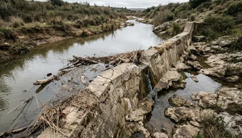 Leito de um rio português com fluxo bloqueado por um açude de betão envelhecido