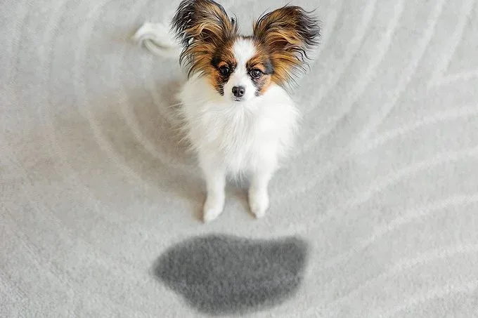 Cute papillon dog puppy near wet spot on carpet