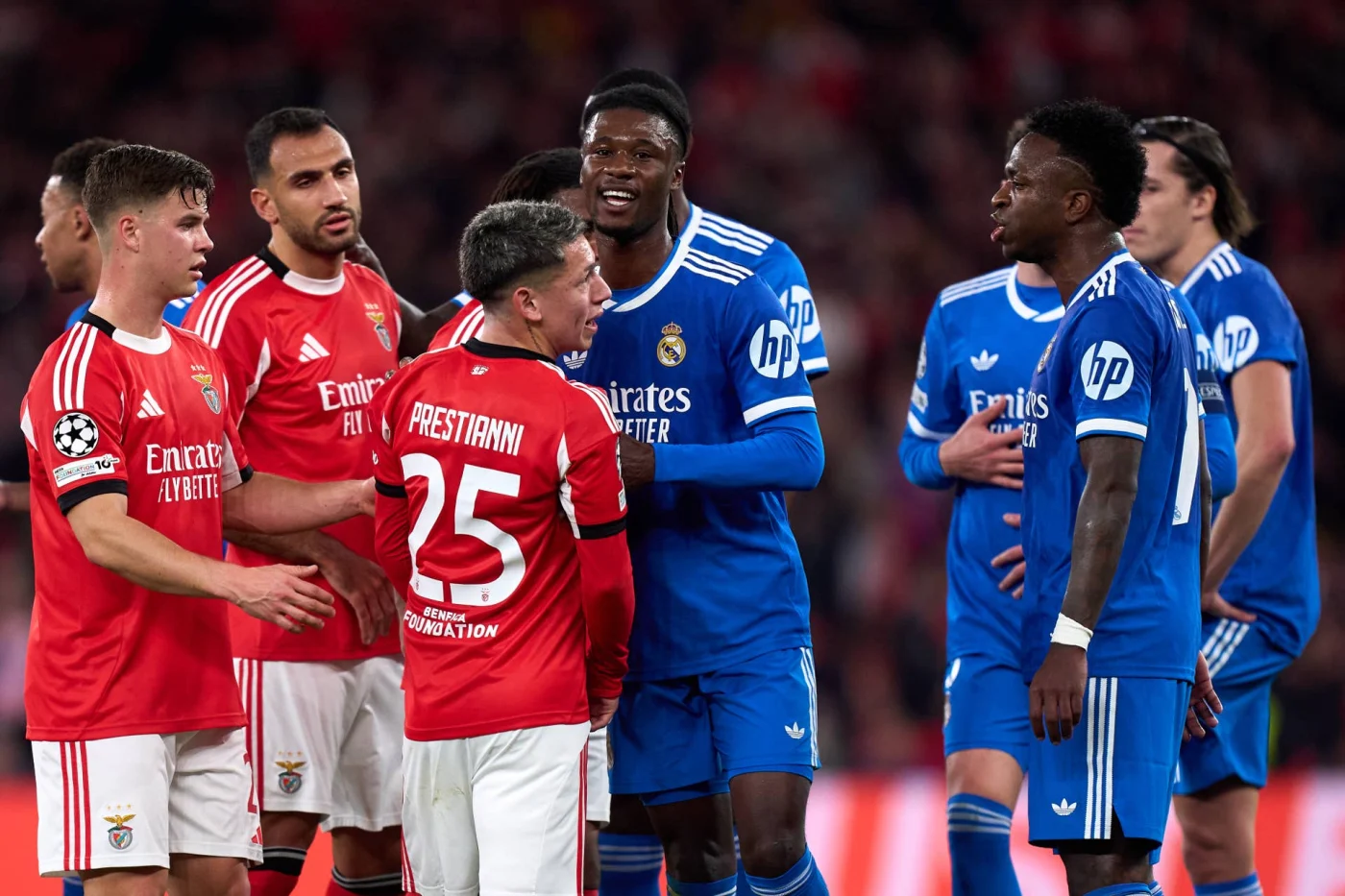 Gianluca Prestianni of Benfica speaks towards Vinicius Junior of Real Madrid during the UEFA Champions League 2025/26 League Knockout Play-off First Leg match between SL Benfica and Real Madrid C.F. at Estadio do SL Benfica on February 17, 2026 in Lisbon, Portugal. (Photo by Angel Martinez/Getty Images)