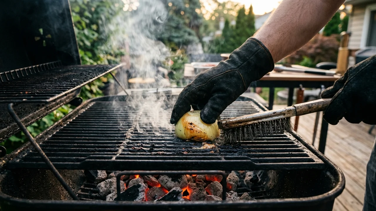 Truque da cebola limpa grelhas de churrasco a 150 °C em menos de 3 minutos